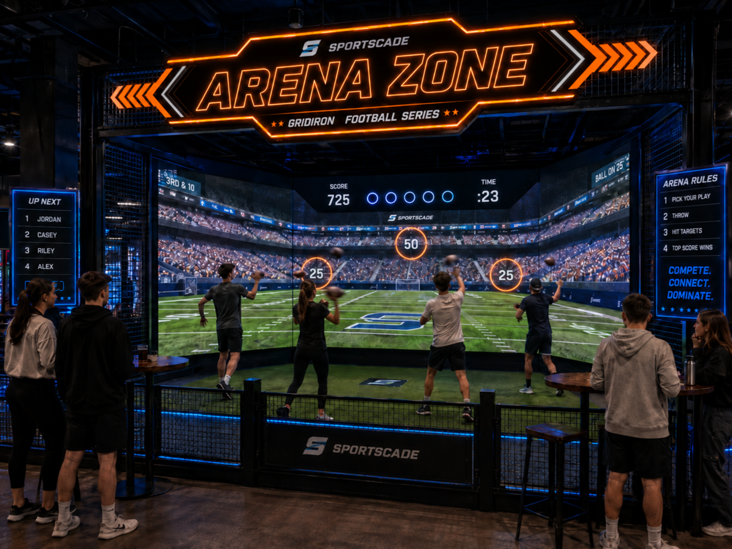 Sportscade Arena Zone featuring a football target game on an interactive sports simulator.