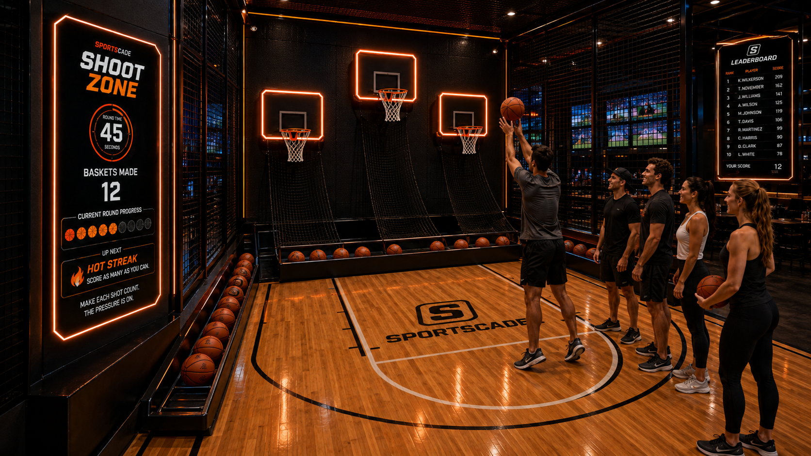 A basketball court with digital scoring and orange neon lighting representing Sportscade's beginner-friendly Shoot Zone.